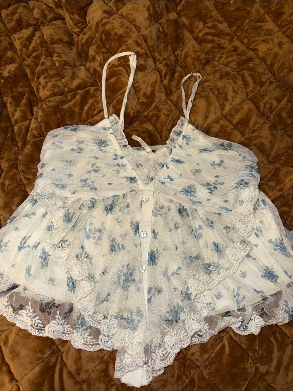 Free People White Camisole with Blue Floral Lace Trim